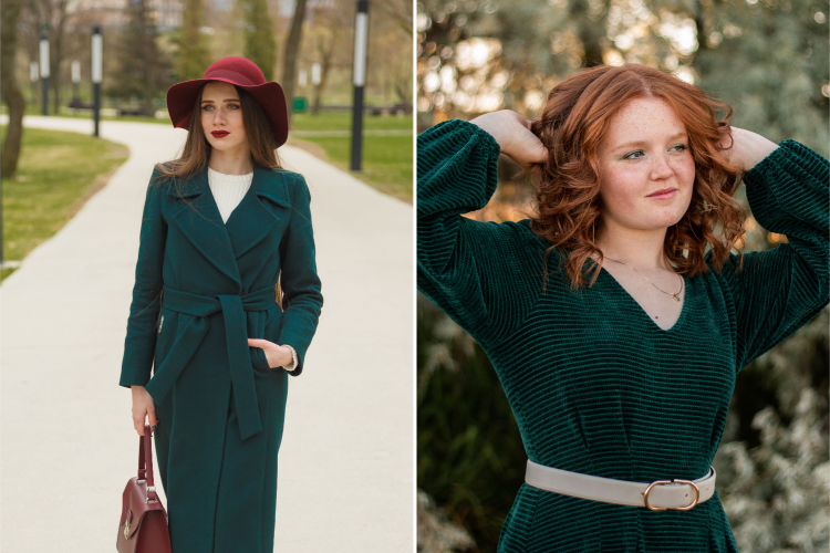 Esempi di outfit eleganti con cappotto verde bosco profondo abbinato a un cappello rosso scuro e con maglione verde scuro intenso con cinta ghiaccio