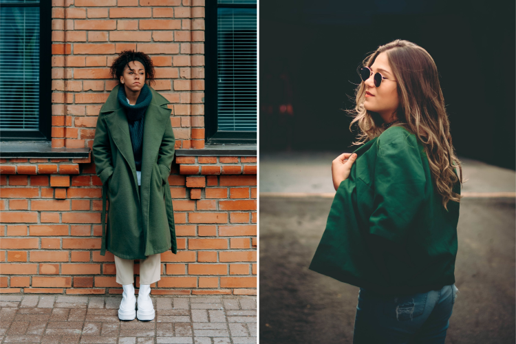 Look street style casual in verde scuro abbinato al crema e al blu denim