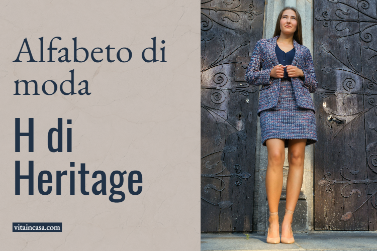 Modella con completo in tweed stile Chanel davanti a un portone antico, illustrazione sul concetto di heritage nella moda per vitaincasa.com